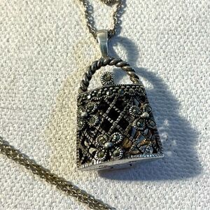 Vintage sterling silver and marcasite mini bag purse necklace on sterling chain